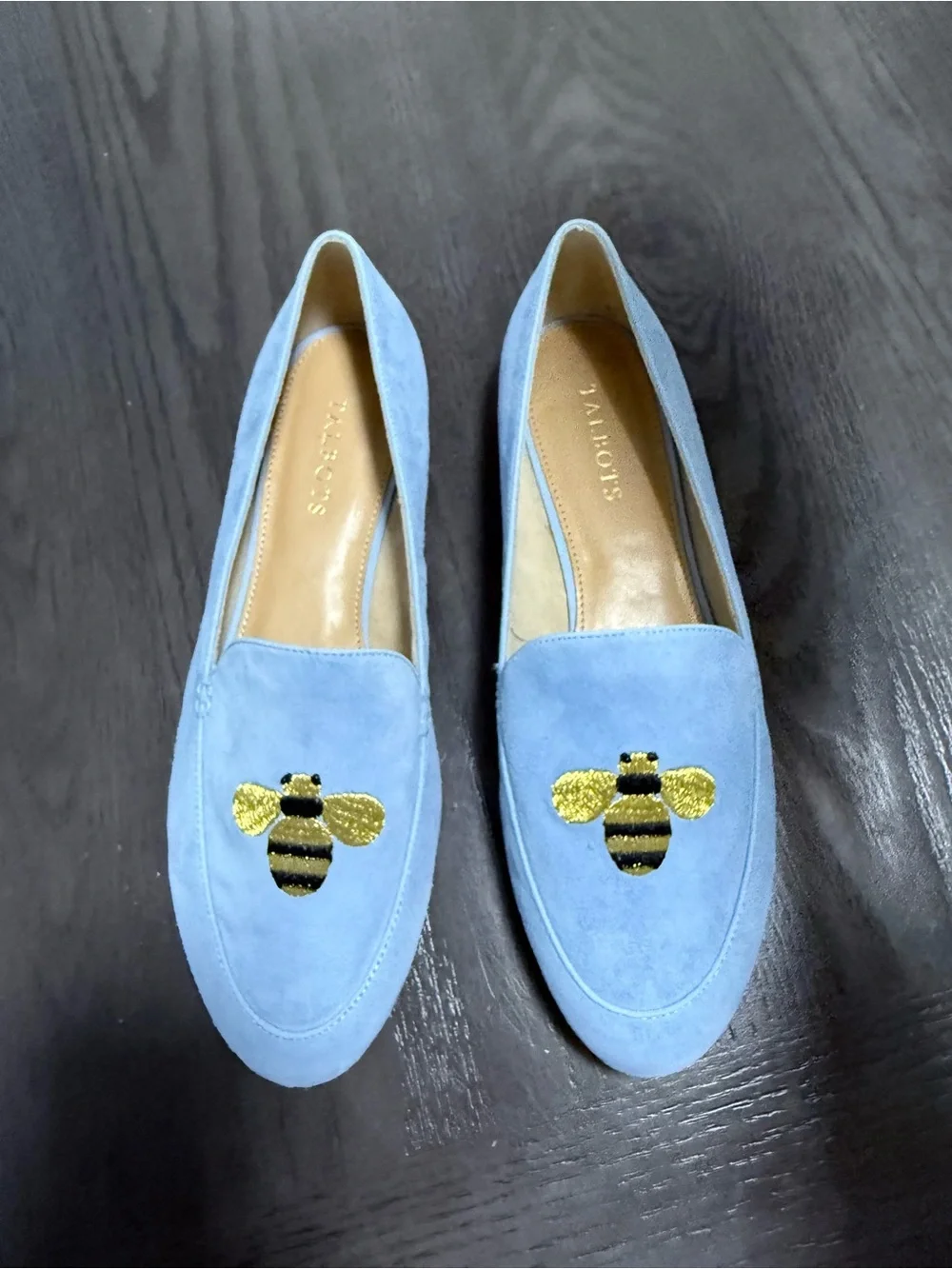 Talbots Blue Suede Bumblebee Embroidered Loafers – Women’s Size 10M